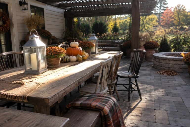 23 Festive Fall Patio Decorating Ideas for Cozy Seasonal Outdoor Living A rustic wooden dining table on a stone patio set with lanterns, small pumpkins, and a burlap runner, with a fire pit and seating in the background.