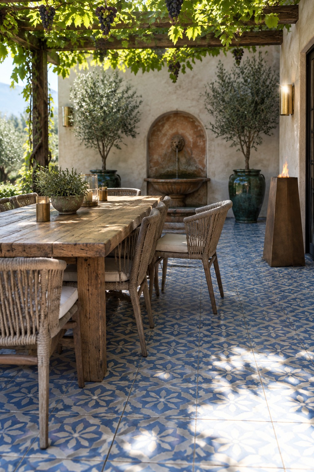 A long wooden dining table with woven chairs sits under a pergola covered in grapevines on a blue patterned tile patio, with a stone fountain and large pots in the background.