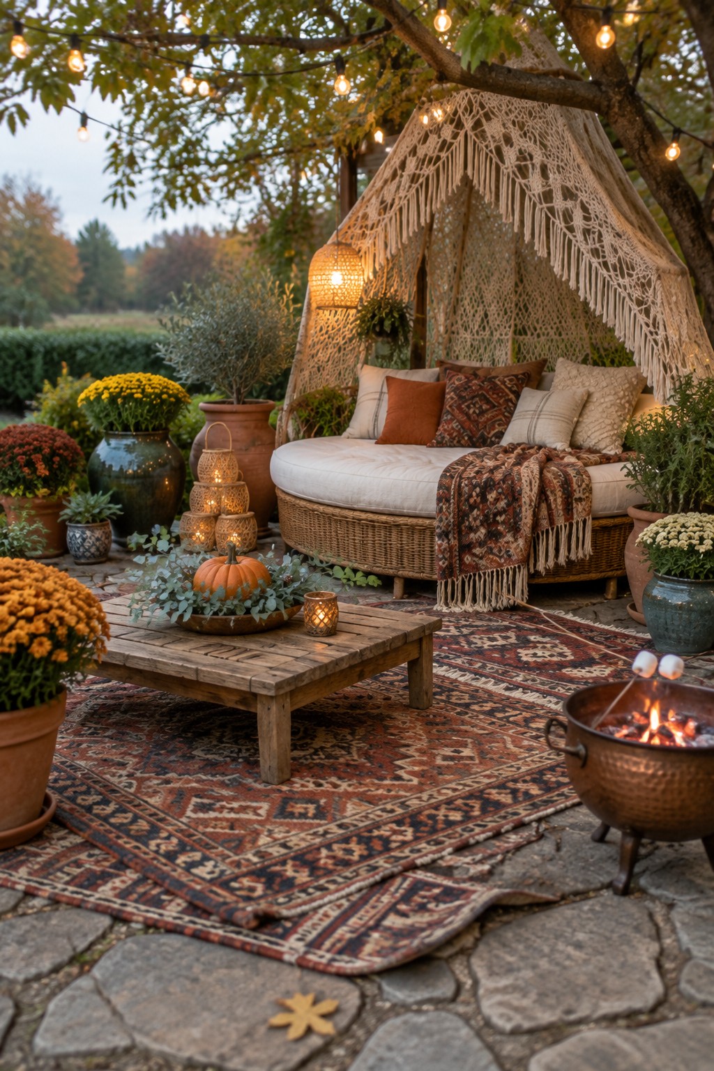 A round wicker daybed with pillows and a patterned throw sits under a large macrame canopy on a stone patio, with string lights overhead, a fire pit nearby, and autumn plants around the edges.