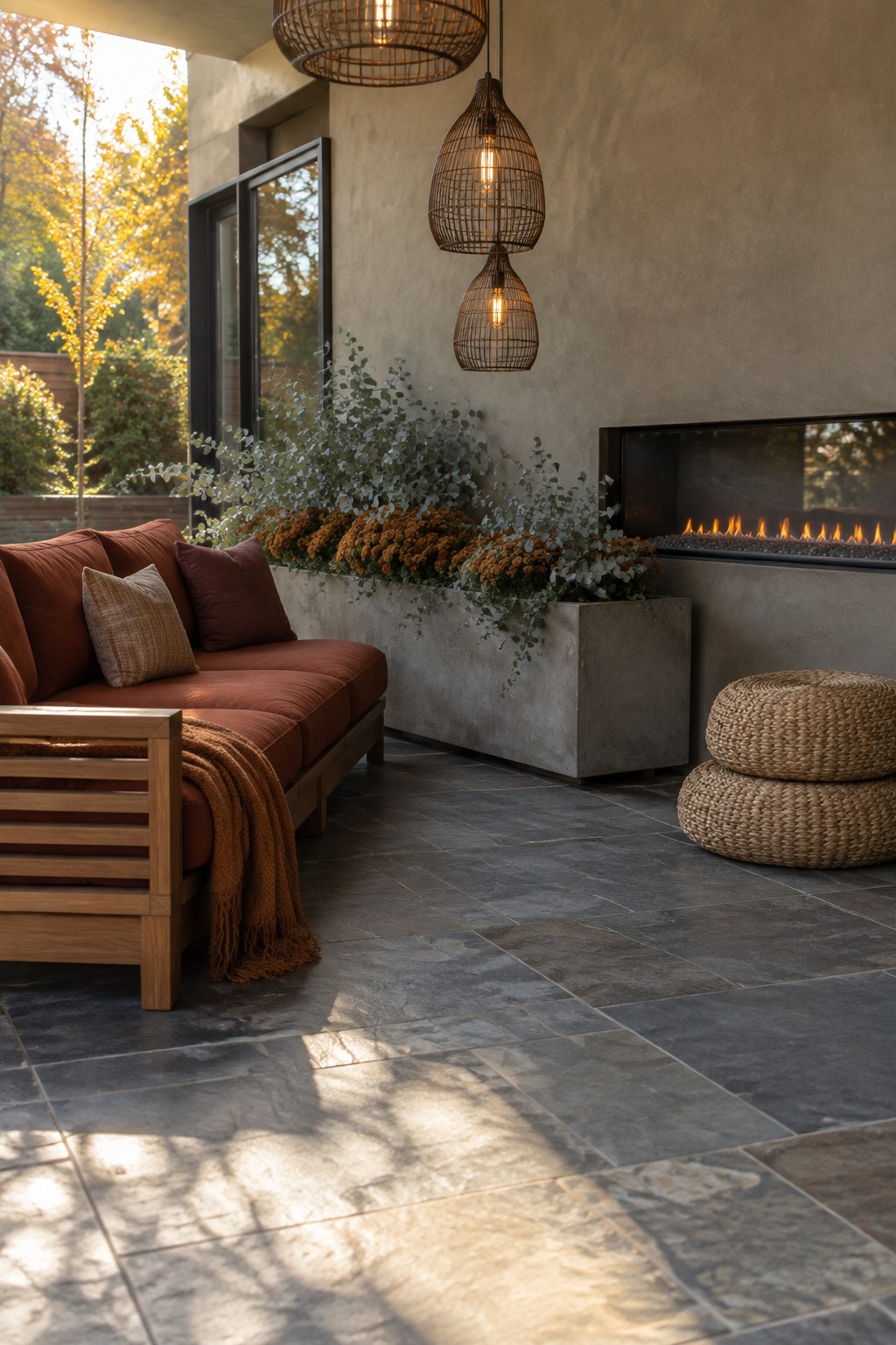 An outdoor patio with a wooden sofa in rust fabric, a long concrete planter holding green foliage and orange flowers, a linear gas fireplace, two woven ottomans, and hanging wicker pendant lights over dark stone tiles.