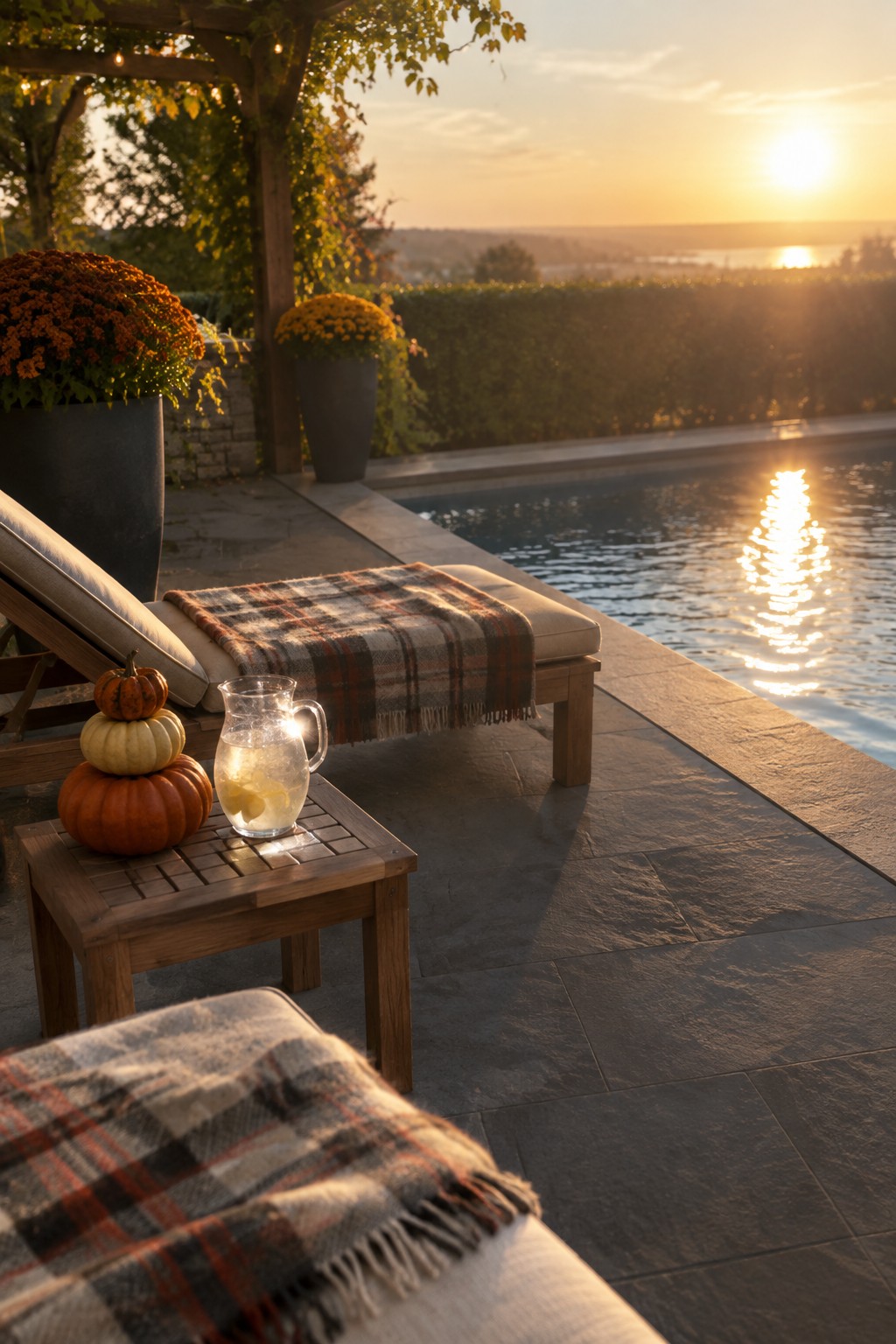 Autumn lounge chairs with plaid blankets, pumpkins by pool at sunset