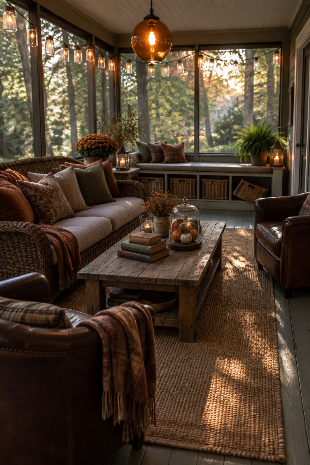 A screened porch with wicker sofa, leather armchairs, wooden coffee table, layered pillows and throws, string lights, and a large jute rug, with autumn trees visible through the windows.