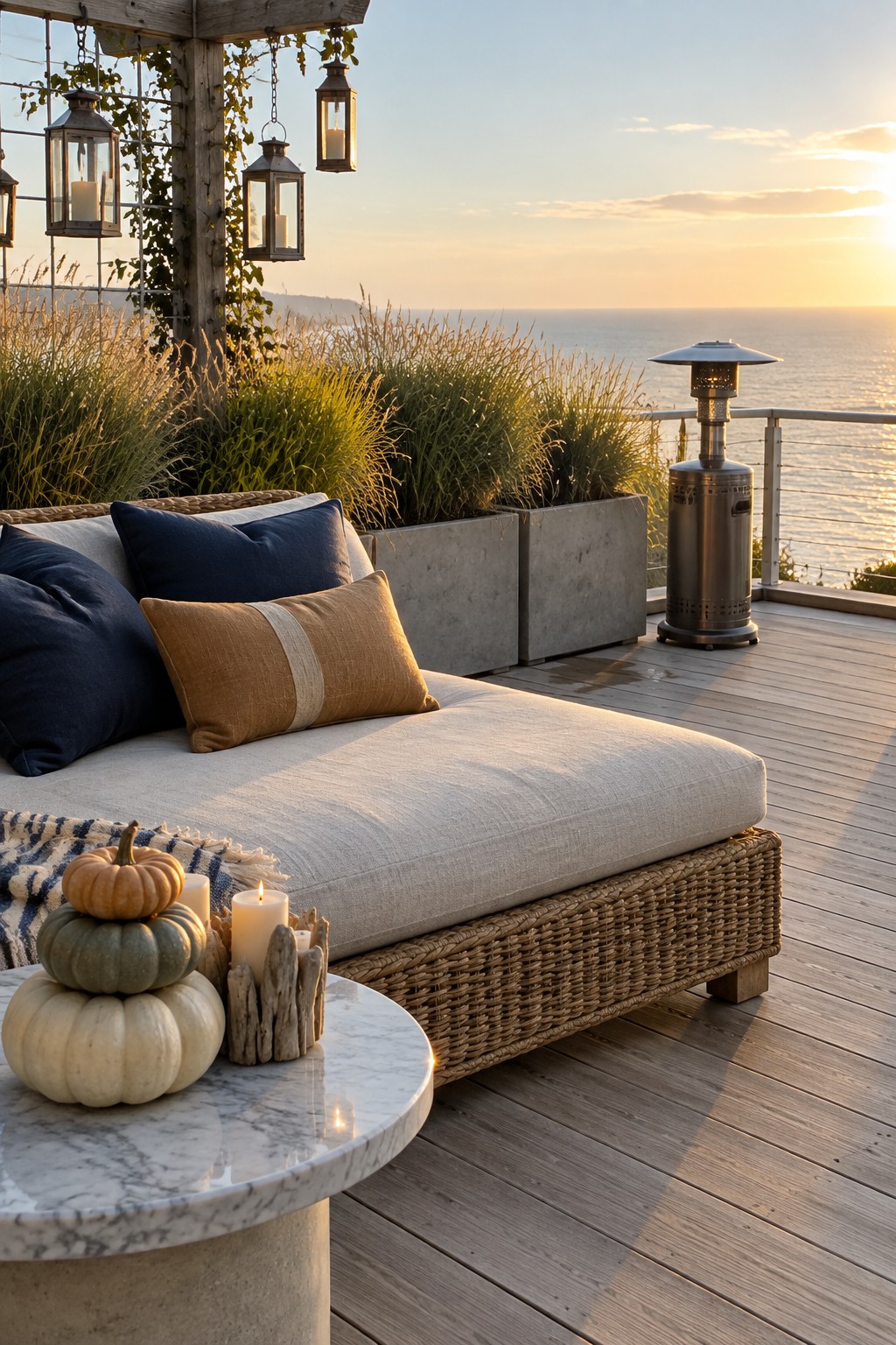 Cozy beige sofa with navy pillows on oceanfront deck at sunset with pumpkins and candles