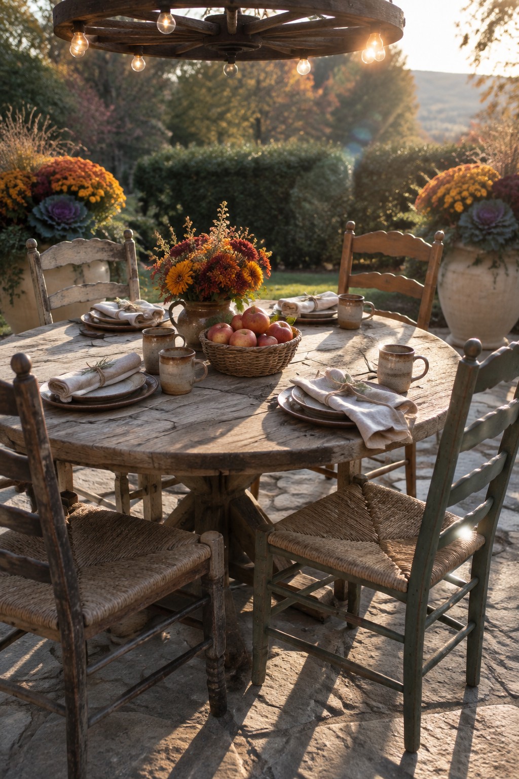 A round wooden dining table on a stone patio set with plates, mugs, a basket of apples, and autumn flowers, surrounded by rustic wooden chairs.