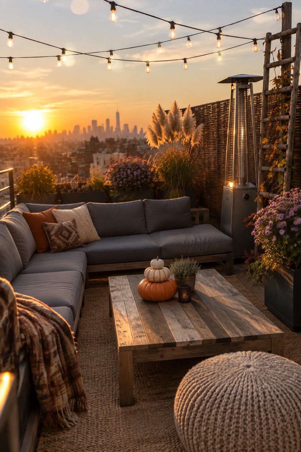 A rooftop patio at sunset with a gray sectional sofa, wooden coffee table holding pumpkins, string lights overhead, potted plants, and a city skyline in the background.