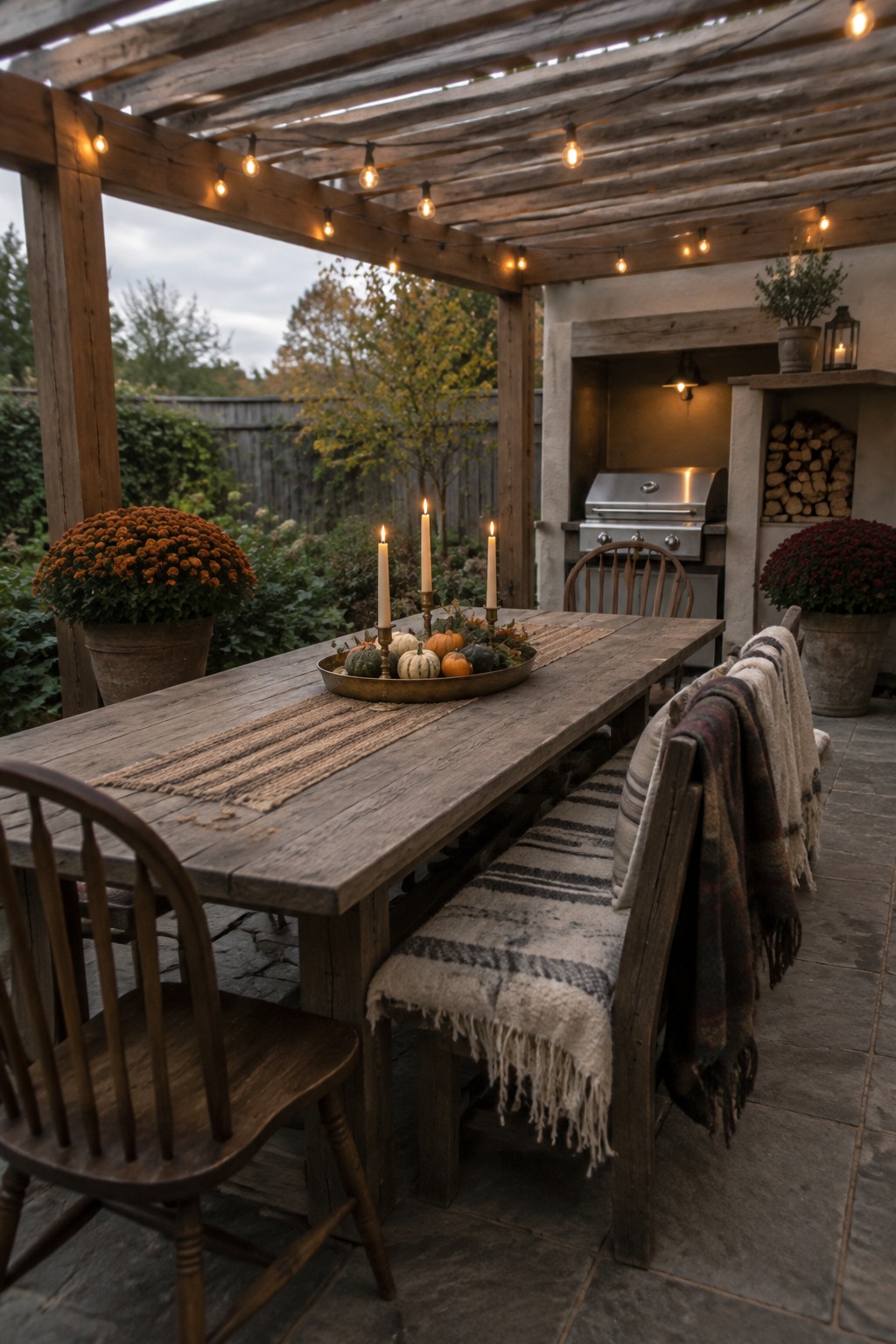Wooden patio dining table with fall centerpiece, candles, and string lights overhead under a pergola.