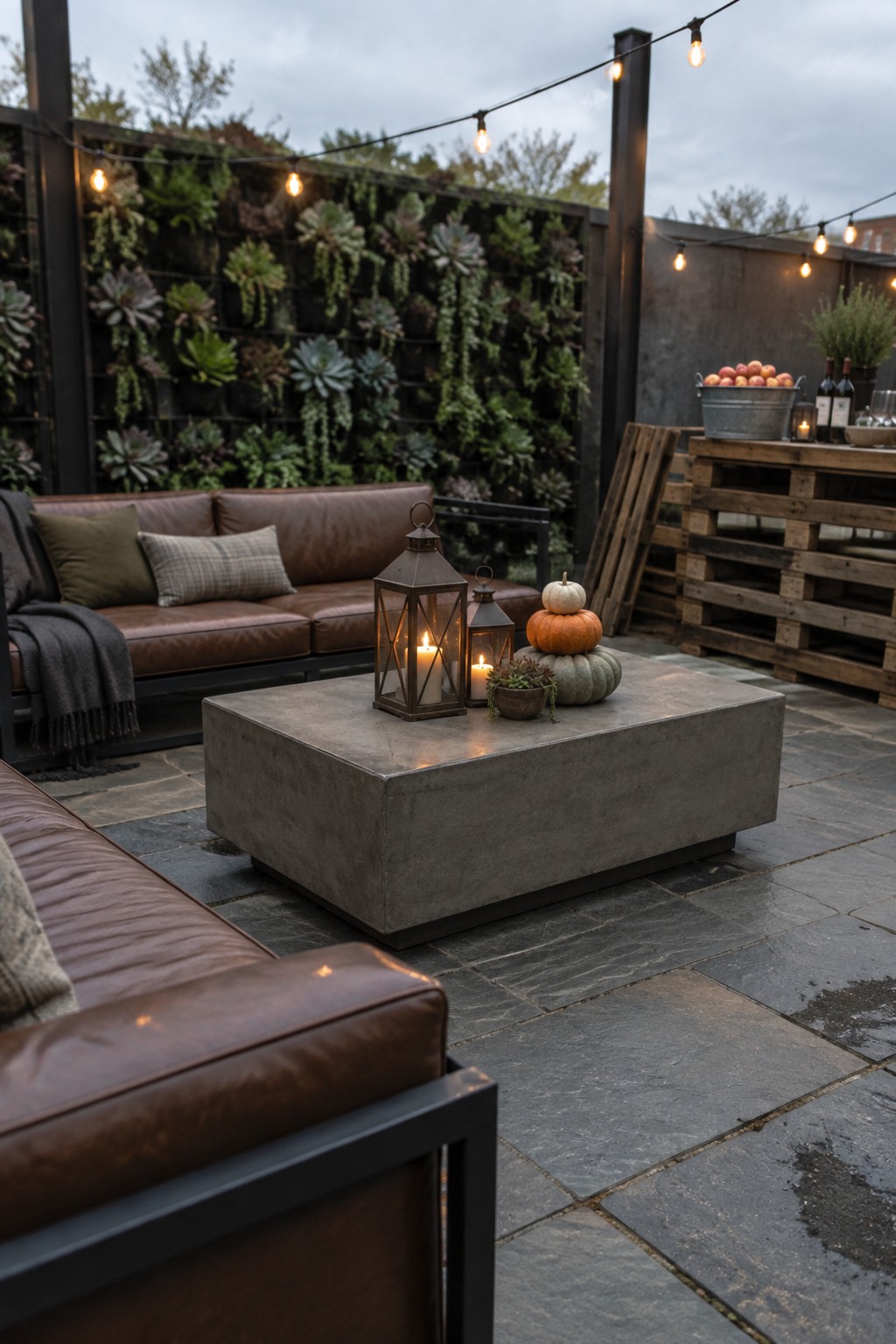 An outdoor patio scene shows a large concrete coffee table holding two metal lanterns with lit candles and a stack of white, orange, and green pumpkins and gourds, with brown leather sofas nearby and string lights overhead.
