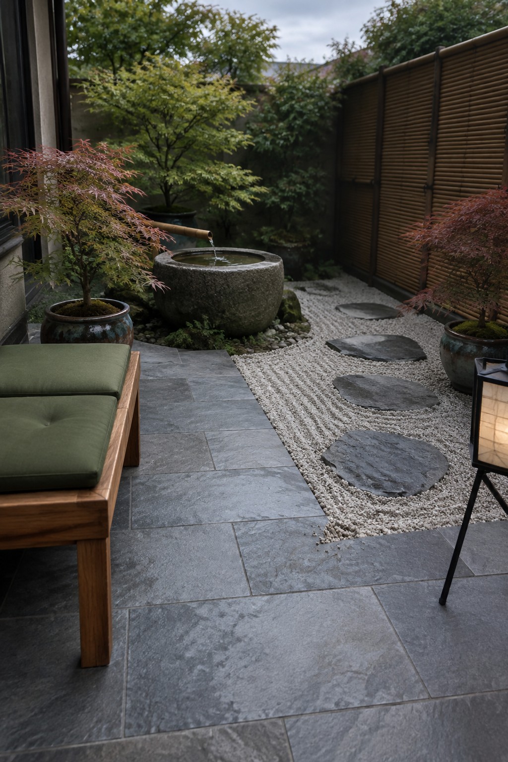 A small outdoor patio with gray stone tiles, a low wooden bench with green cushions, a stone water basin with running water, raked gravel with stepping stones, and potted Japanese maples beside a bamboo screen.