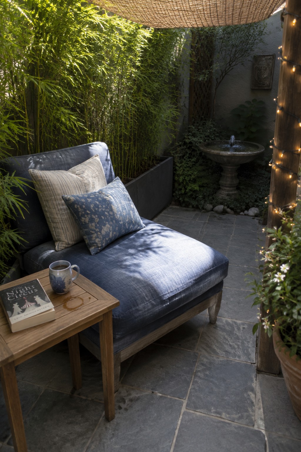 A blue chaise lounge with pillows on a stone patio next to a wooden side table holding a book and mug, surrounded by plants and string lights.
