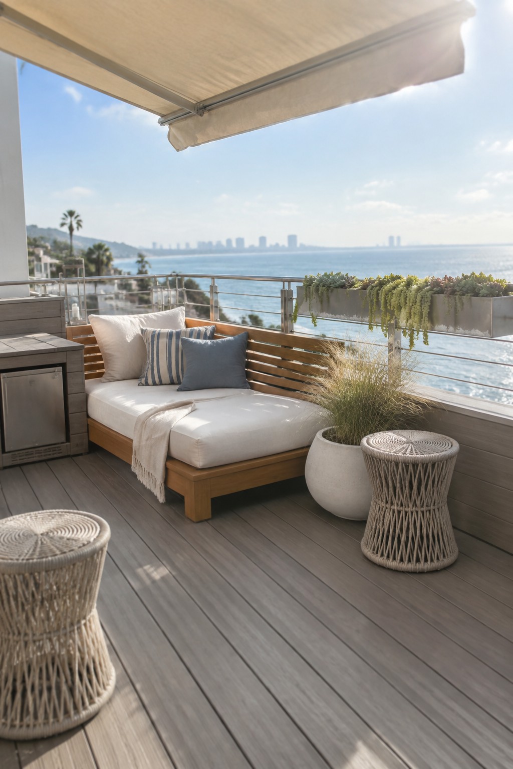 A wooden built-in bench with white cushions and pillows sits on a deck under a beige awning, with woven stools and planters nearby and an ocean view in the background.