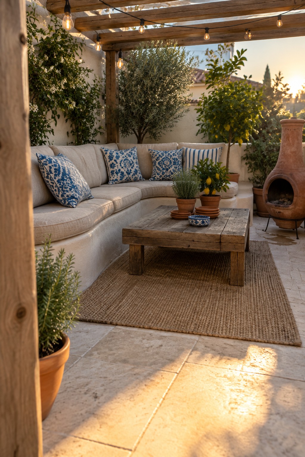 A curved beige outdoor bench with blue patterned pillows sits on a stone patio beside a wooden coffee table on a jute rug, surrounded by potted plants and a terracotta chiminea.