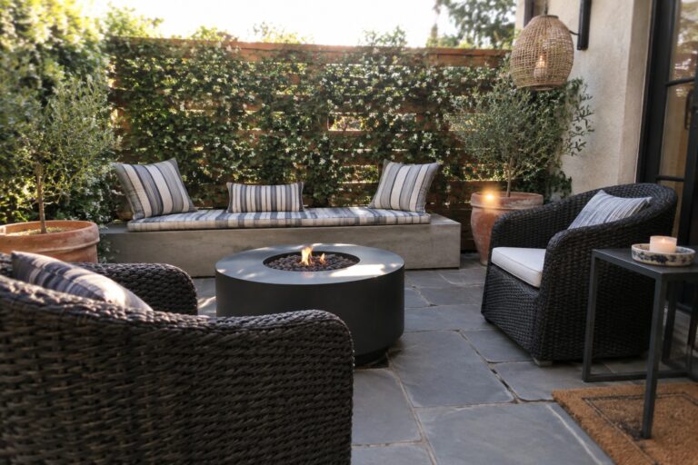 A small outdoor patio with a round black fire pit at the center, surrounded by dark wicker armchairs with cushions and a curved concrete bench topped with striped pillows, set on stone pavers beside potted plants and a wooden trellis.