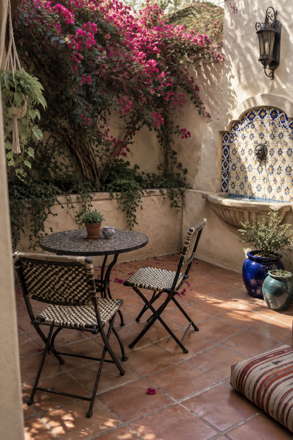 A small patio corner with two woven folding chairs around a round table on terracotta tiles, next to a tiled wall fountain.
