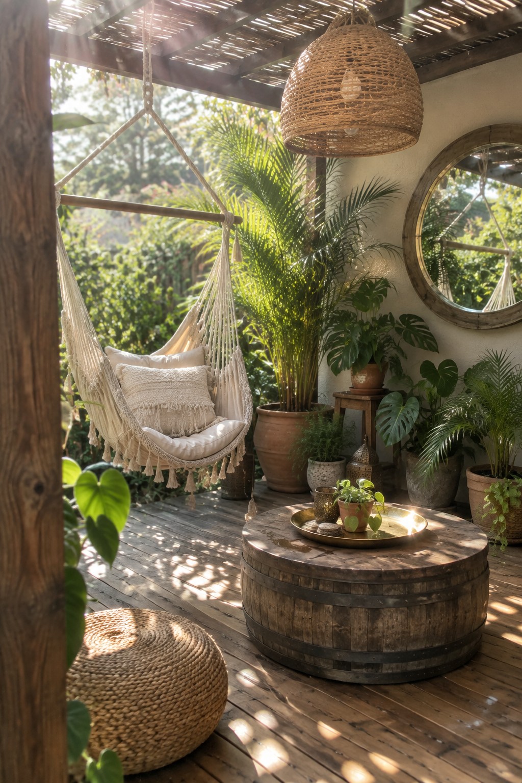 A macrame hammock chair hangs from a wooden beam on a deck beside a barrel table, woven pouf, and many potted plants.