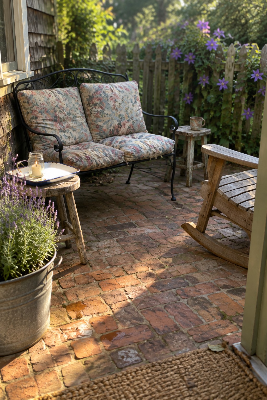 Cozy brick patio with floral loveseat, wooden rocking chair, and potted lavender