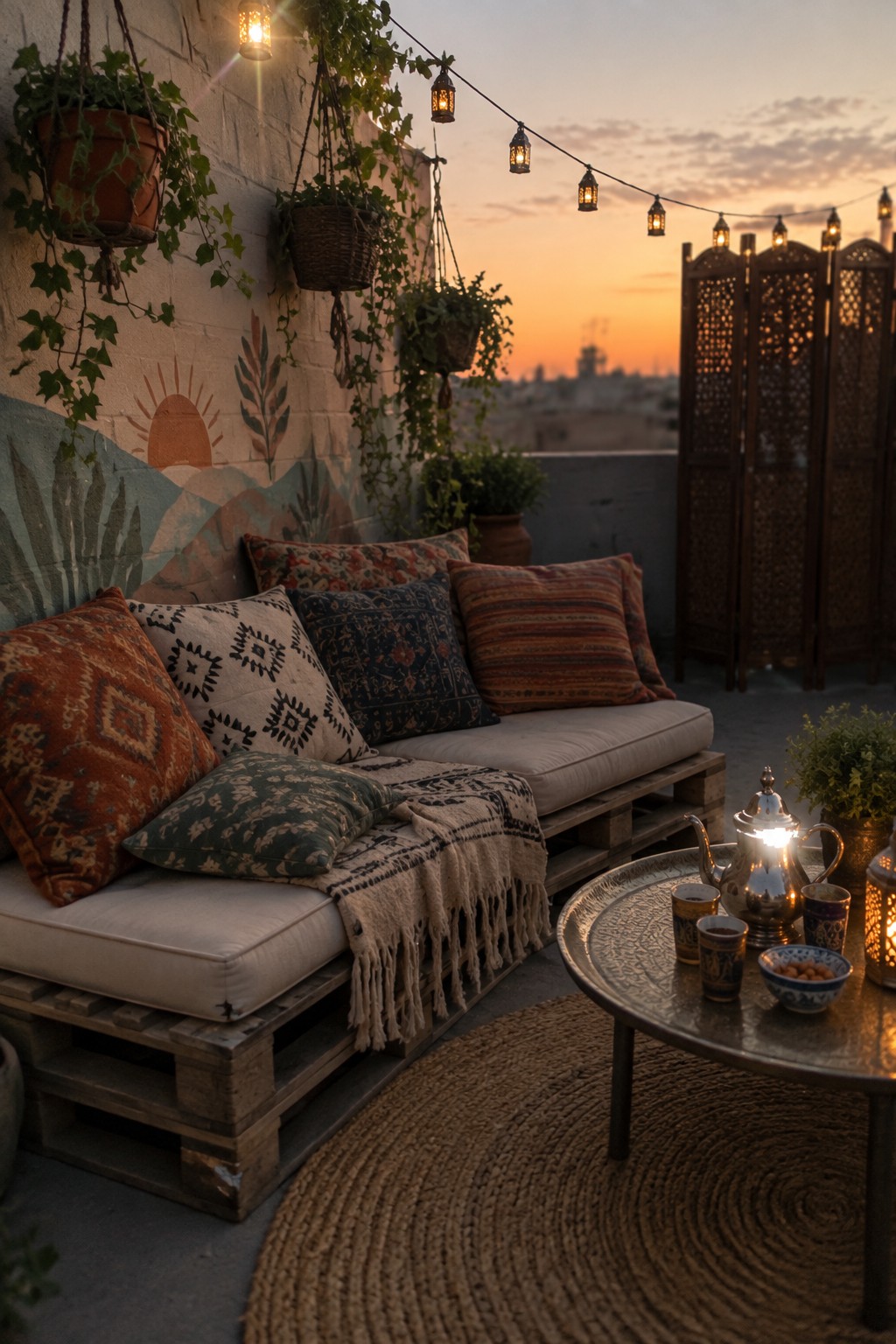 Cozy bohemian balcony with pallet sofa, colorful pillows, hanging plants, and sunset string lights