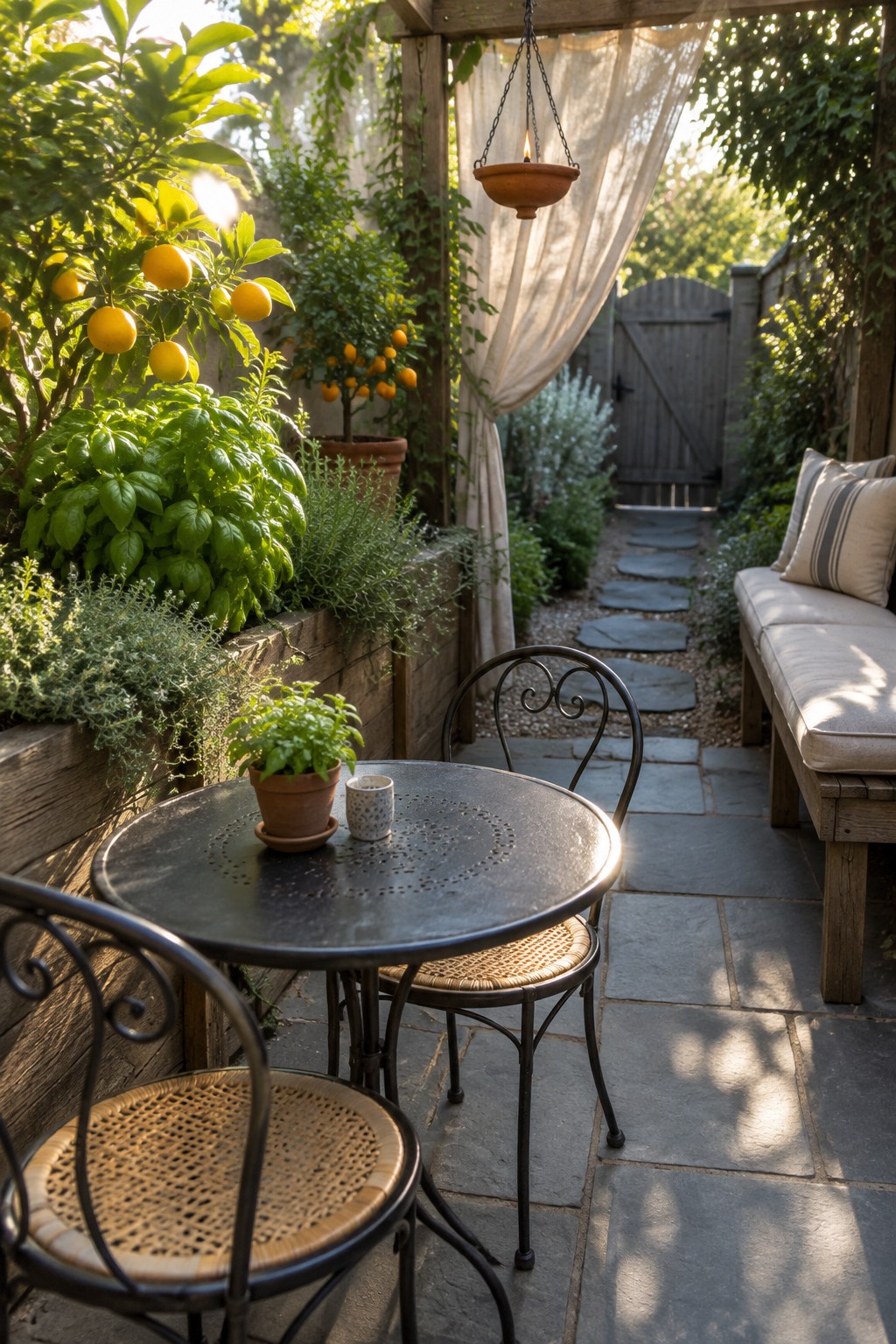 A round metal patio table with two woven chairs and a cushioned bench sits on stone pavers beside raised wooden planters filled with herbs and citrus trees, with a hanging lantern overhead and a gravel path leading to a gate.
