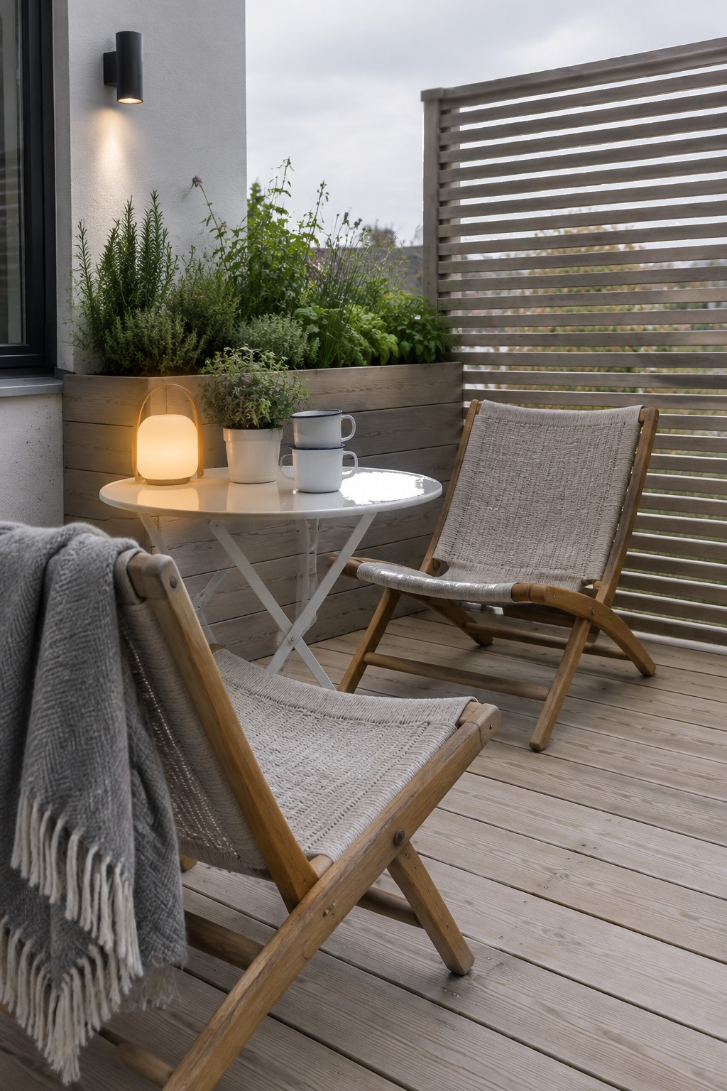 Two wooden sling chairs sit on a deck around a small white table holding a lit lantern and two mugs, with a wooden slat screen and planter box behind them.
