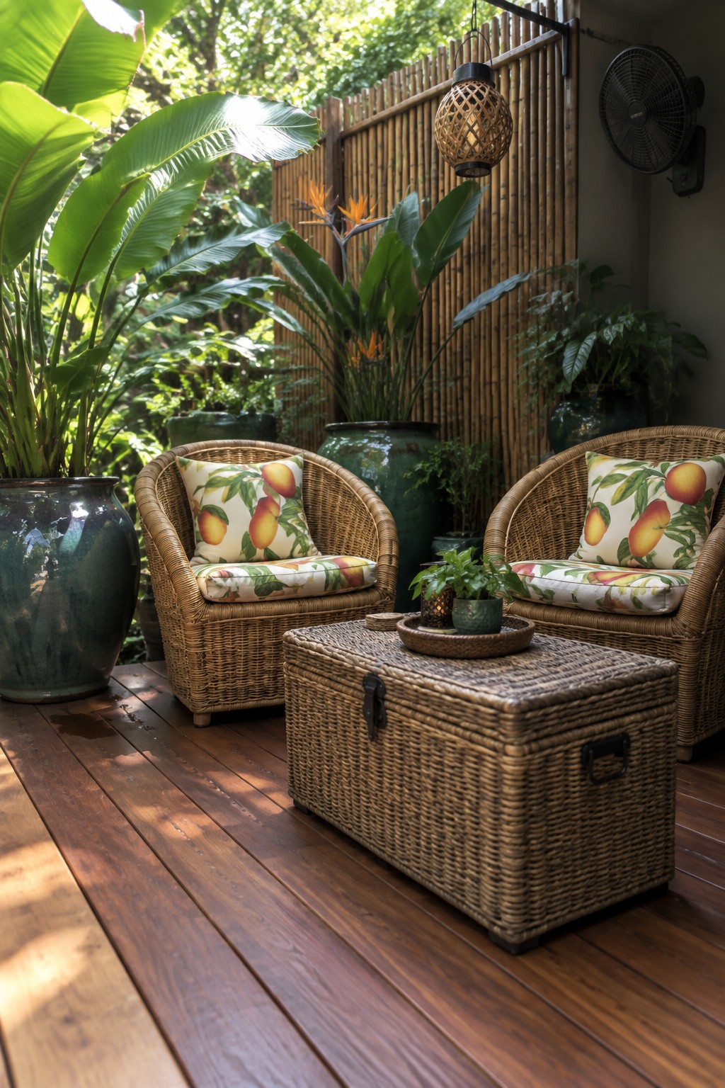 Two wicker patio chairs with fruit-patterned cushions sit on a wooden deck beside a large woven storage trunk used as a table, surrounded by potted tropical plants.