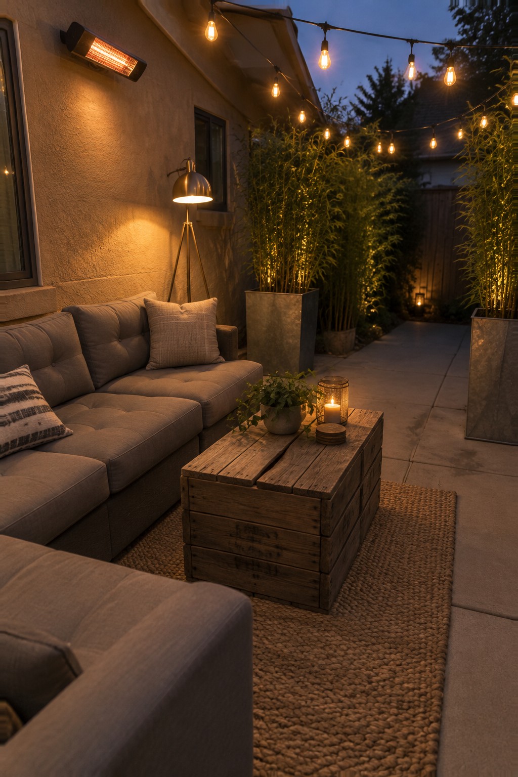 A small patio at dusk with a gray sectional sofa, a wooden crate used as a coffee table on a woven rug, string lights overhead, and tall potted plants along the side.