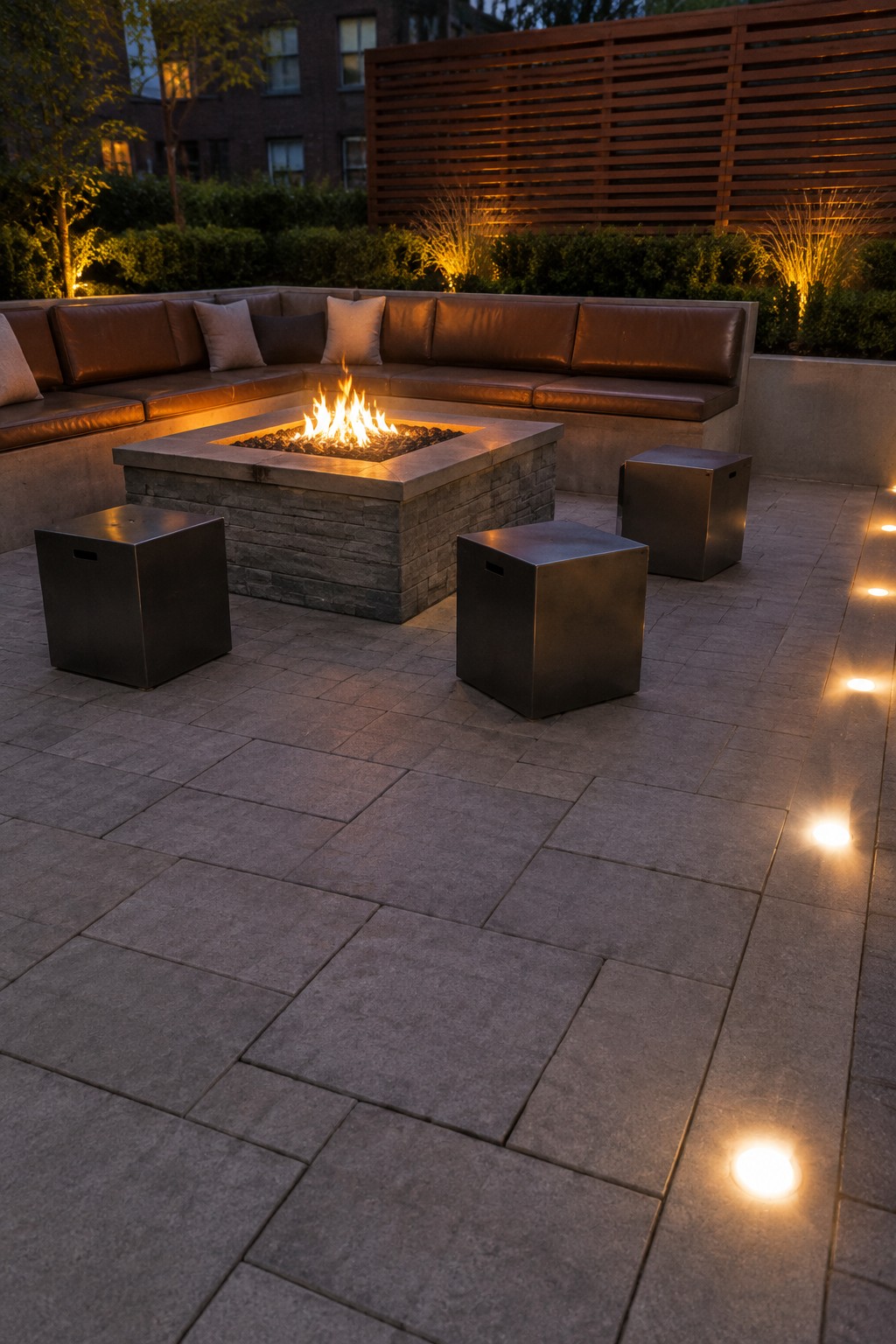 A square fire pit sits at the center of an L-shaped built-in sofa on a stone patio, with three dark metal cube stools placed nearby and small ground lights along the right edge.