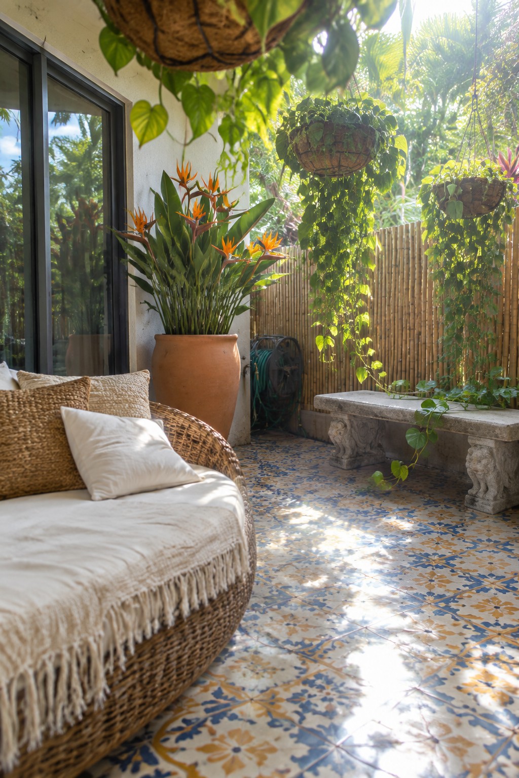 A sunny patio with a wicker daybed, large terracotta pot of bird of paradise, hanging coconut planters, stone bench, and colorful tile floor.
