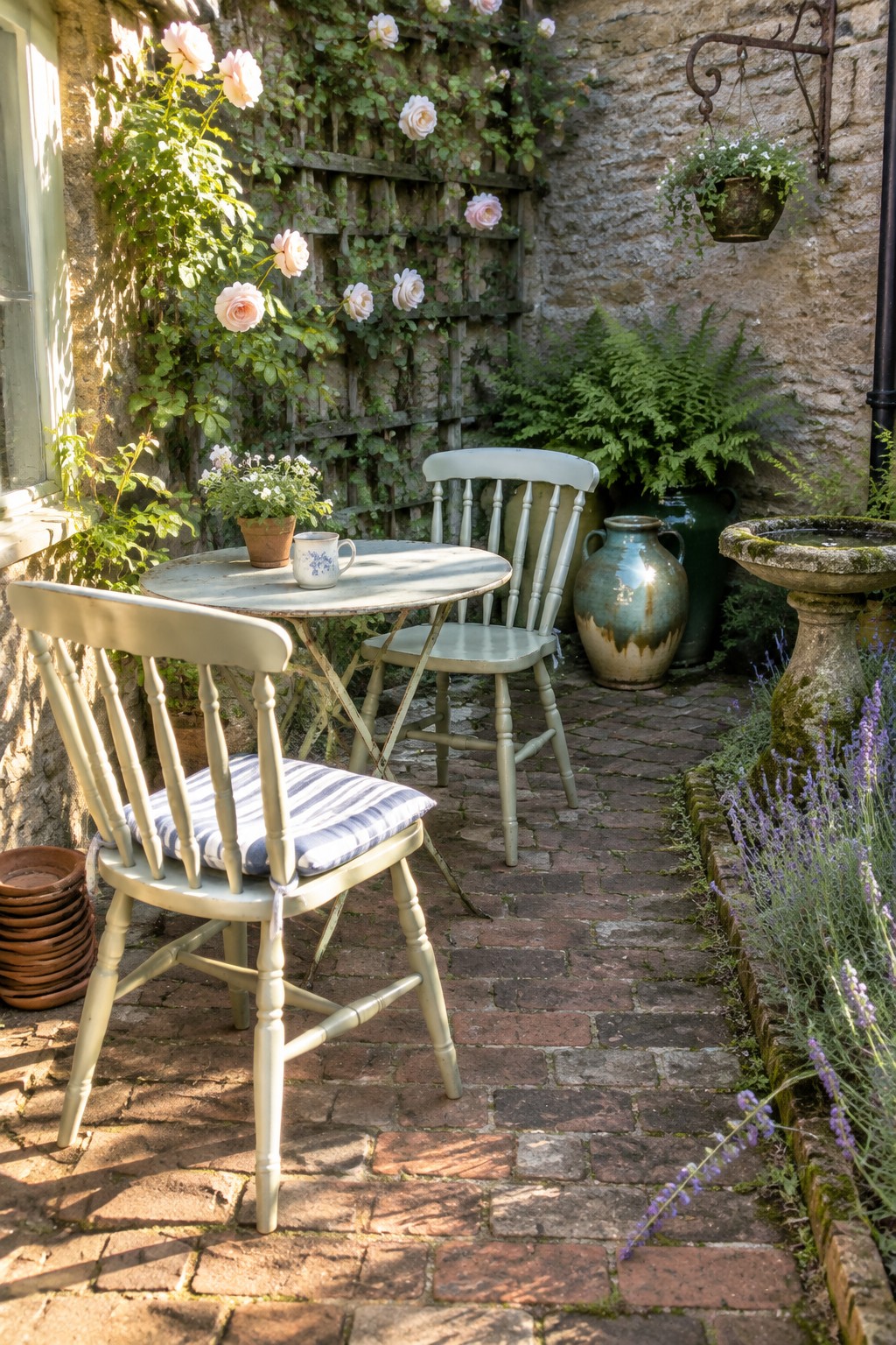 An outdoor patio with a round metal table and two pale green wooden chairs on a brick path, set against a wooden trellis covered in pink climbing roses, with potted plants, ferns, and a stone birdbath nearby.