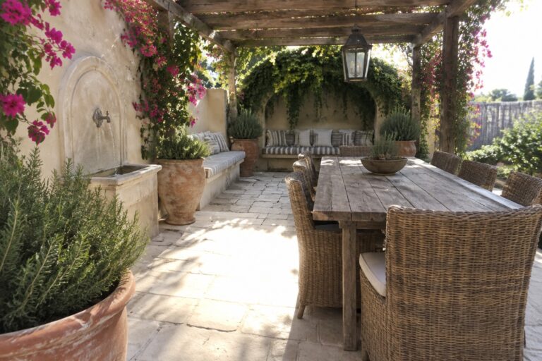 23 Lovely Patio Decorating Ideas Featuring Plants, Pots, and Layered Greenery A rustic outdoor patio features a long wooden dining table with wicker chairs, large terracotta pots with green plants, and a wooden pergola covered in pink flowering vines over a stone floor.