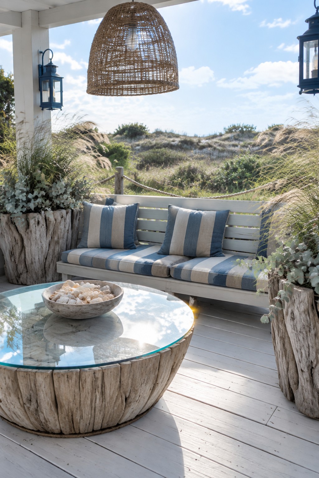 A white wooden bench with striped cushions sits on a deck between two large rustic wood planters filled with greenery, with a round glass coffee table in the foreground.