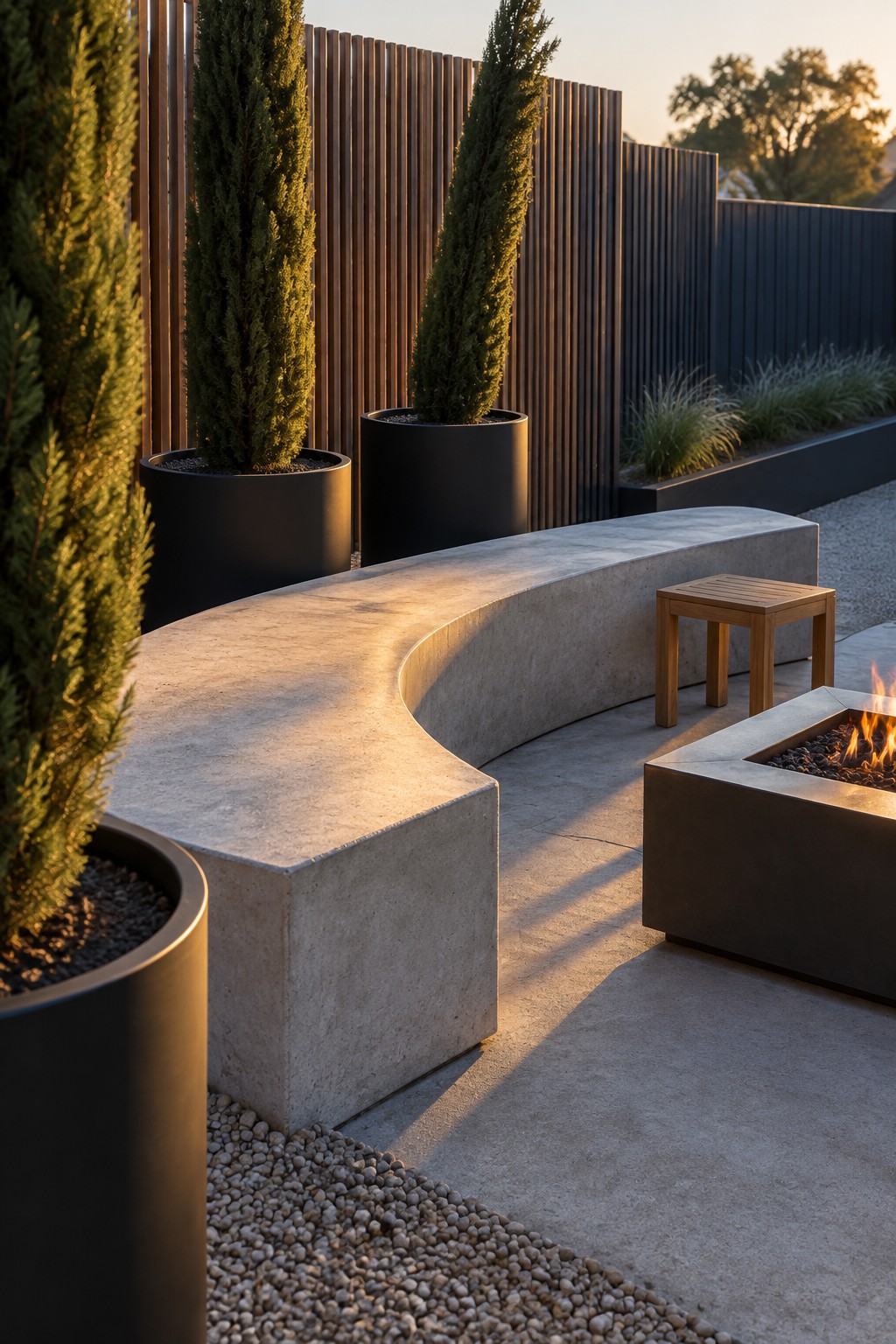 Modern patio with curved concrete bench, black planters, tall trees, and fire pit