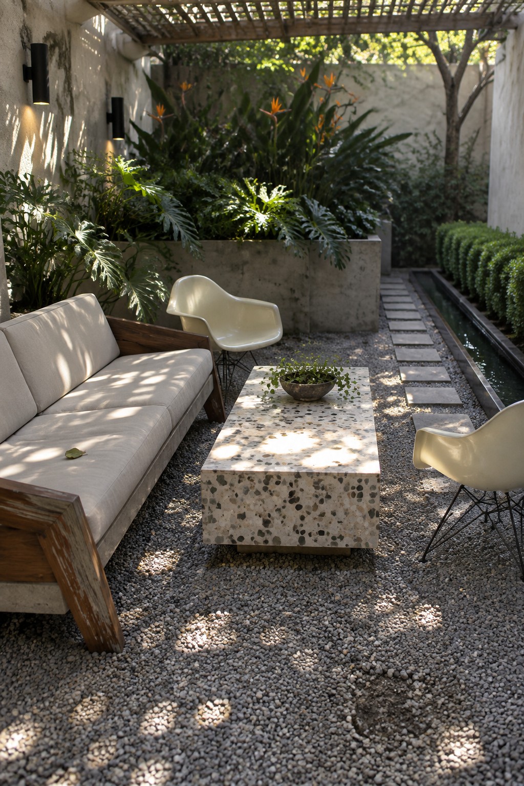 An outdoor patio with gravel ground, a rectangular concrete table, a light-colored sofa on a wood base, two white molded chairs, raised concrete planters with large green plants, and a narrow water channel with stepping stones.