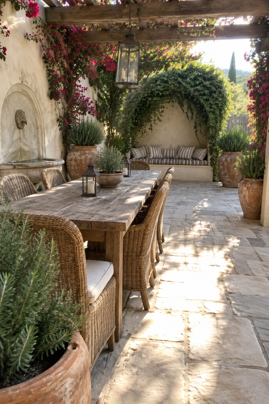 A rustic outdoor patio features a long wooden dining table with wicker chairs, large terracotta pots with green plants, and a wooden pergola covered in pink flowering vines over a stone floor.