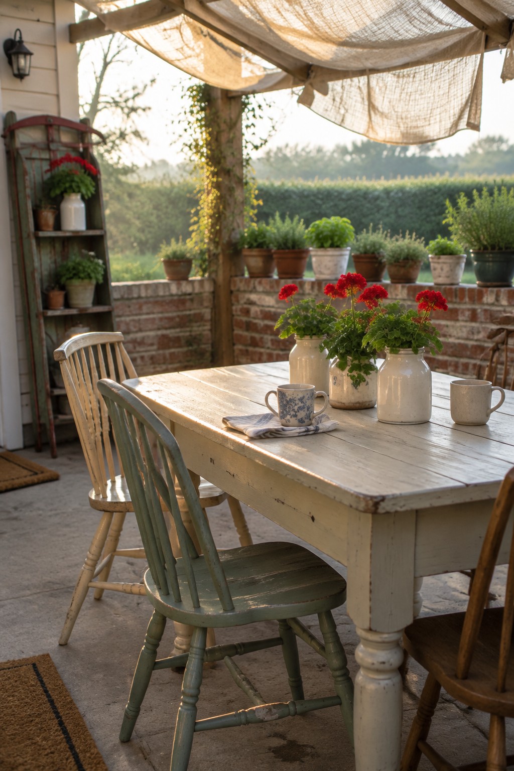 A weathered wooden outdoor table holds three white ceramic pots with red geraniums, surrounded by painted wooden chairs on a stone patio beneath a draped fabric shade, with a brick wall and plant-filled shelf behind.
