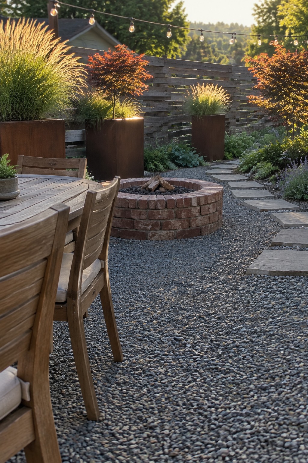 Wooden table and chairs beside brick fire pit on gravel path with string lights
