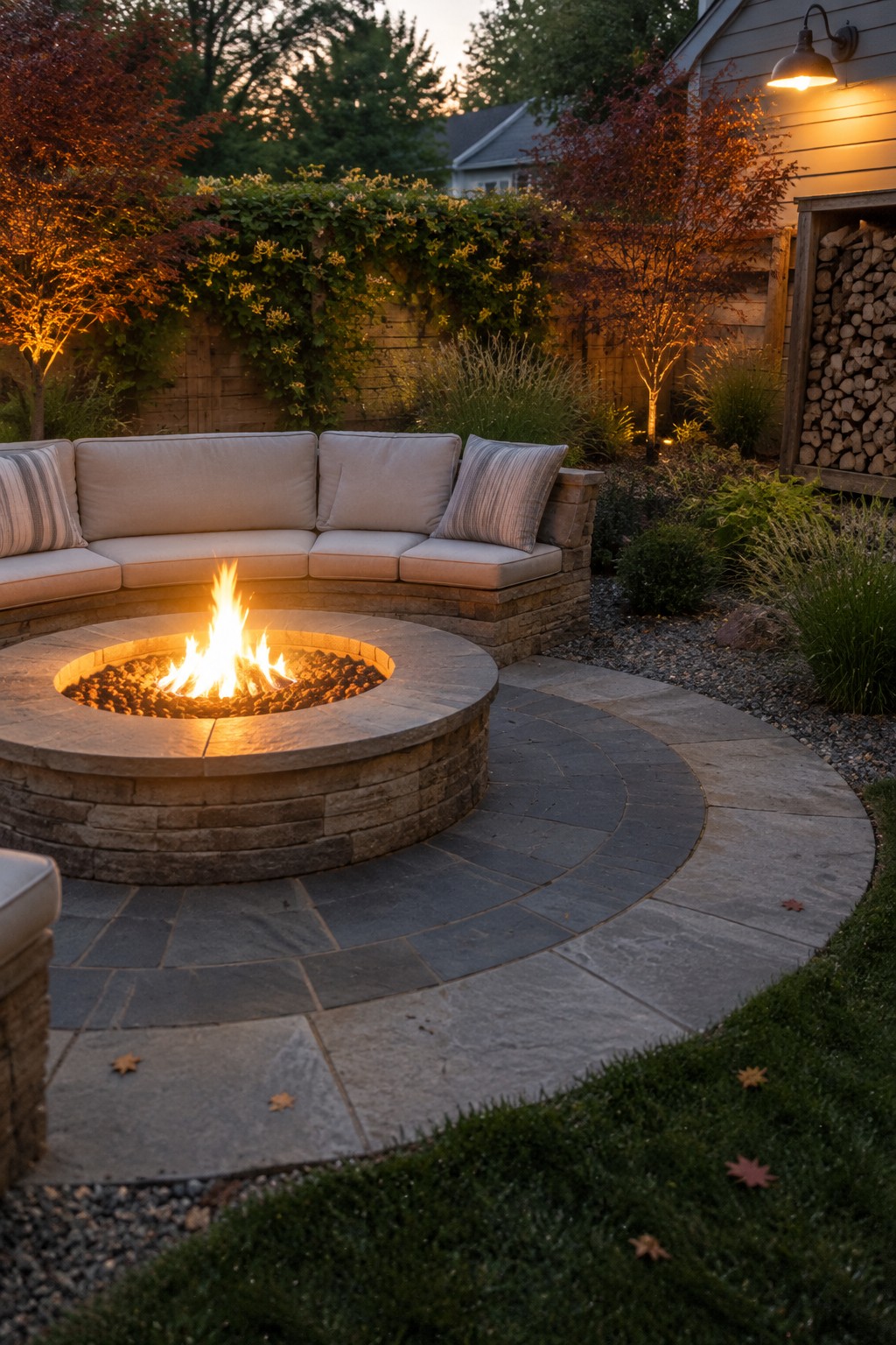 Curved sectional sofa encircling a glowing stone fire pit on a dusk patio