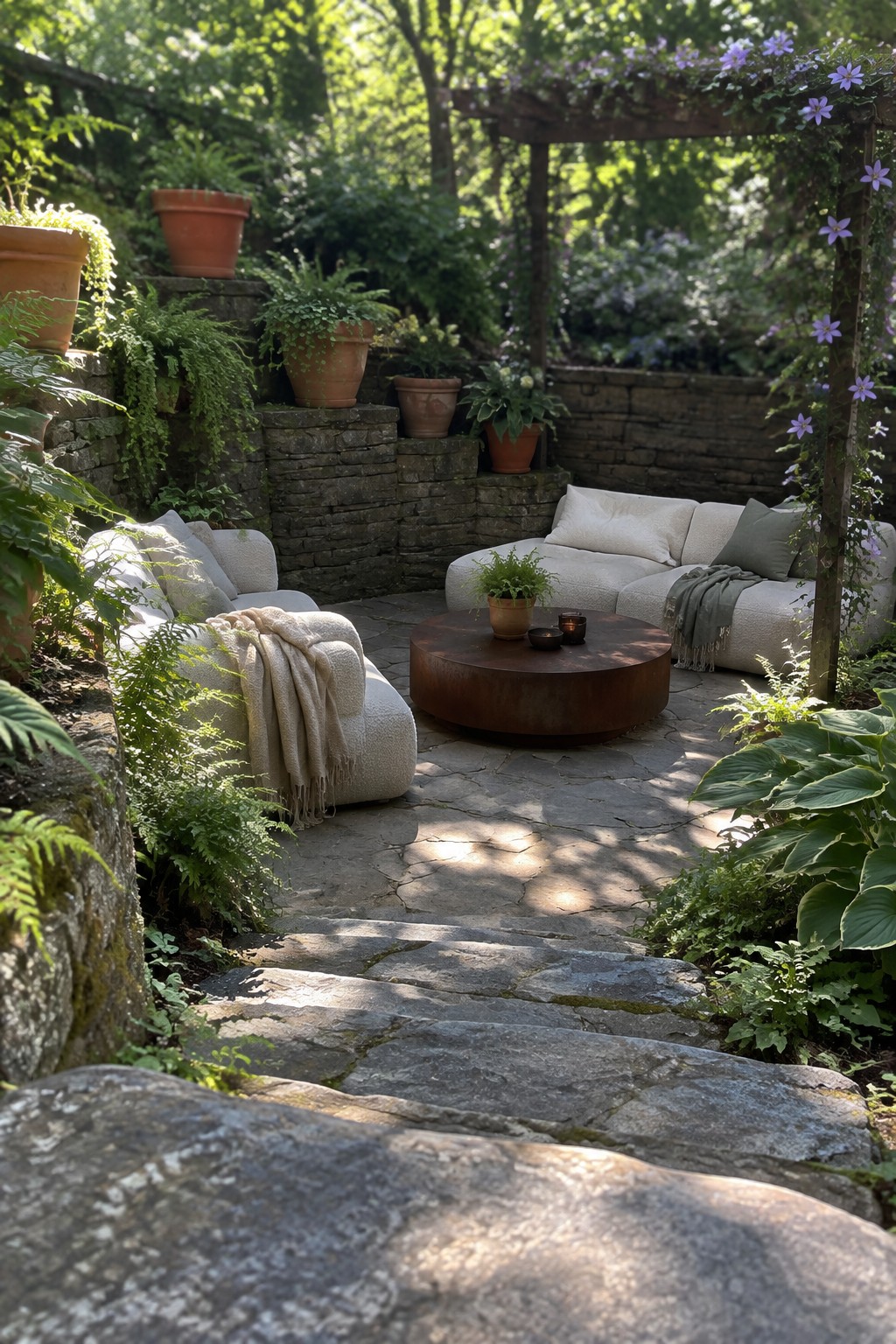 Stone patio with white upholstered sofas, round metal coffee table, and terracotta pots arranged on multiple levels of stone steps and walls beside a wooden pergola.
