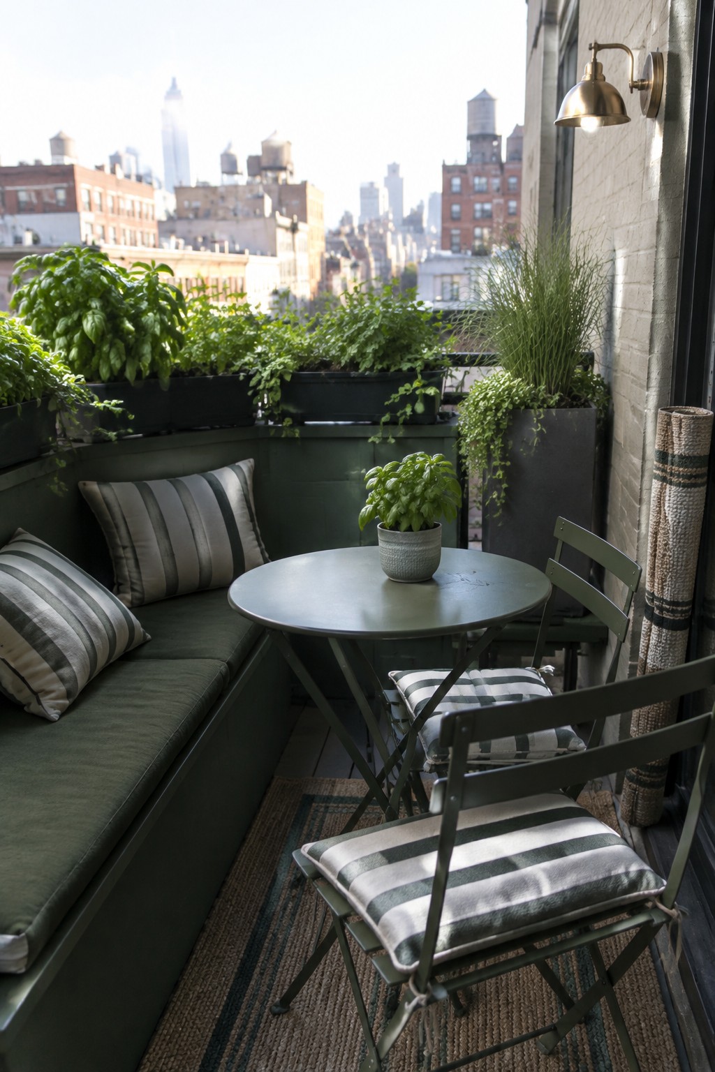 A small urban balcony with dark green built-in bench seating, striped cushions, a round metal table, folding chairs, and multiple potted plants overlooking city rooftops.