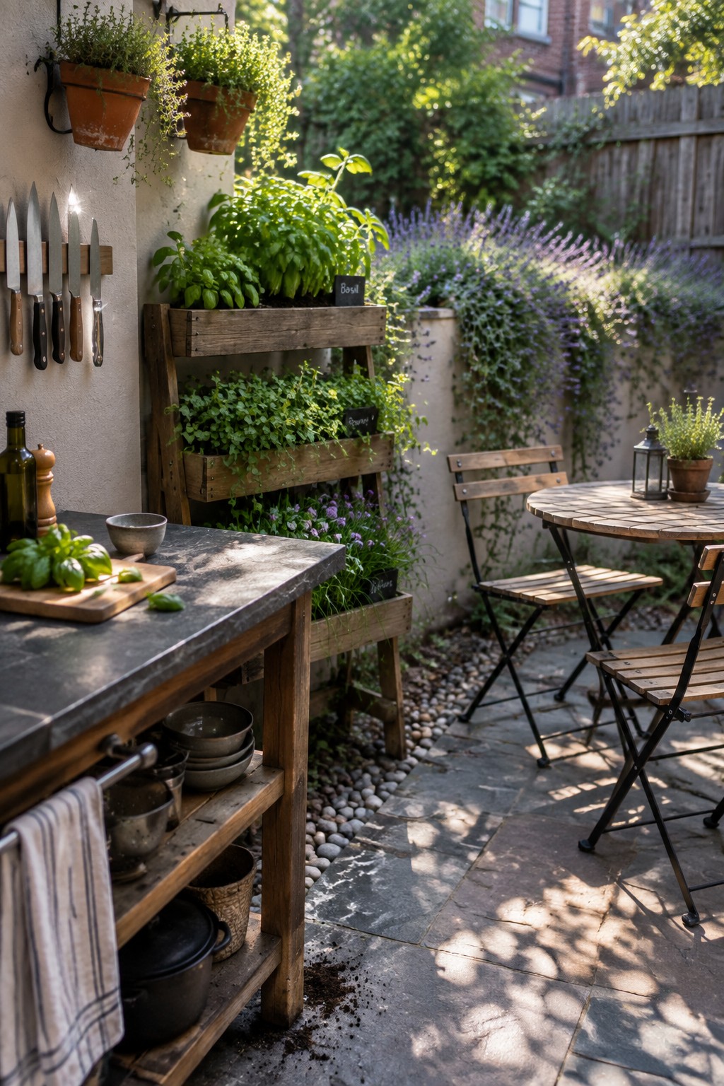 An outdoor stone patio with a wooden kitchen counter, folding table and chairs, and a multi-tier wooden crate planter filled with herbs next to a wall.