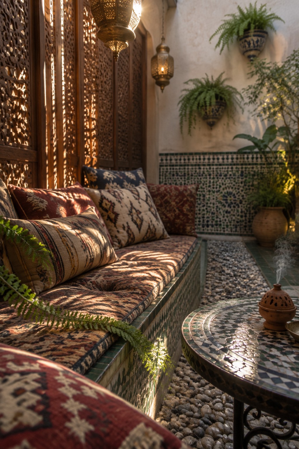 An outdoor patio seating area with a built-in bench, patterned cushions, wall-mounted potted ferns, a pebble path, and a mosaic table holding a small incense burner.