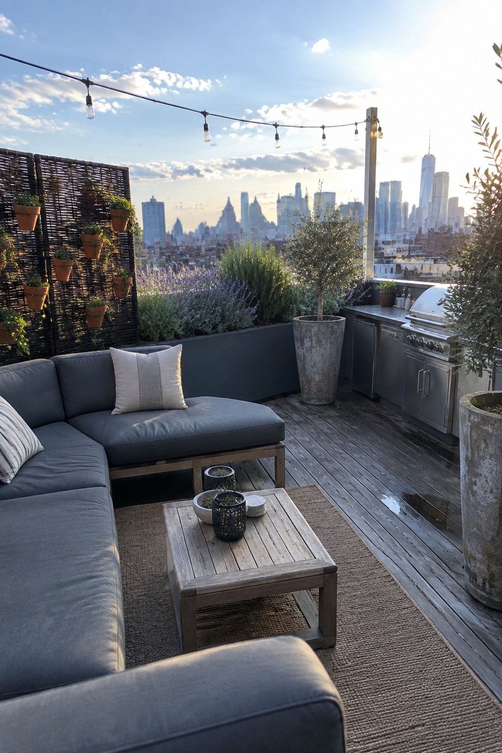 Rooftop patio with gray sectional sofa, wooden coffee table on a rug, stainless steel outdoor kitchen, and multiple potted plants including a woven screen with hanging terracotta pots and large floor planters with trees and shrubs, city skyline in the background.