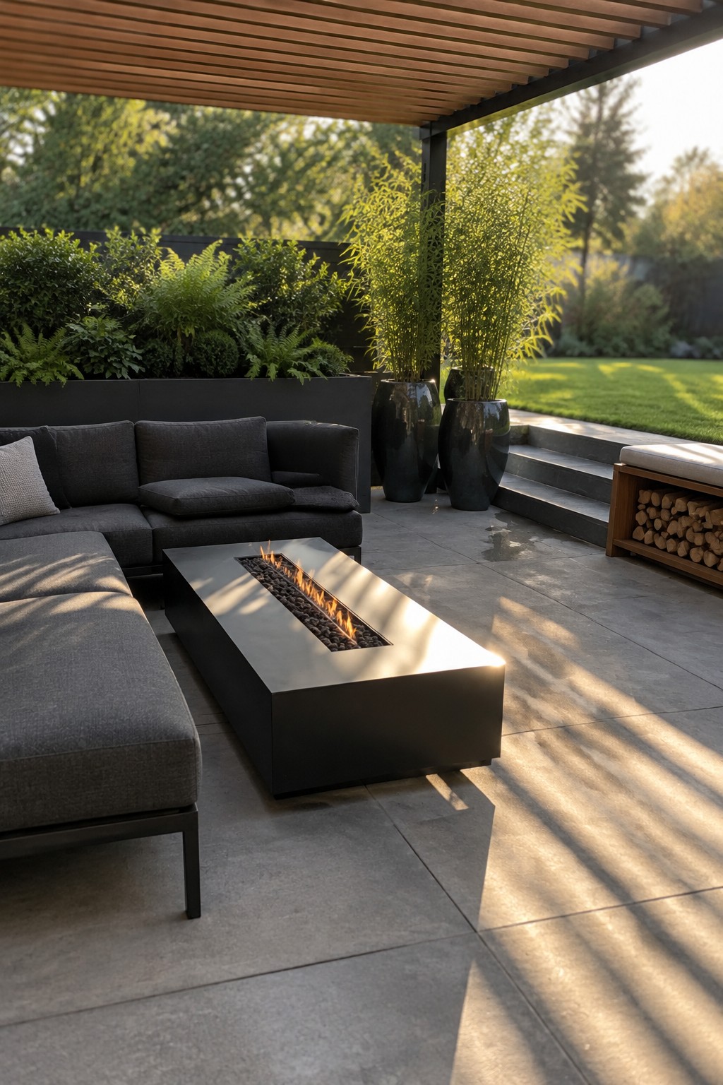 A modern patio with a dark sectional sofa, rectangular fire pit table, large black ceramic pots holding tall leafy plants, and layered green shrubs along the back wall.