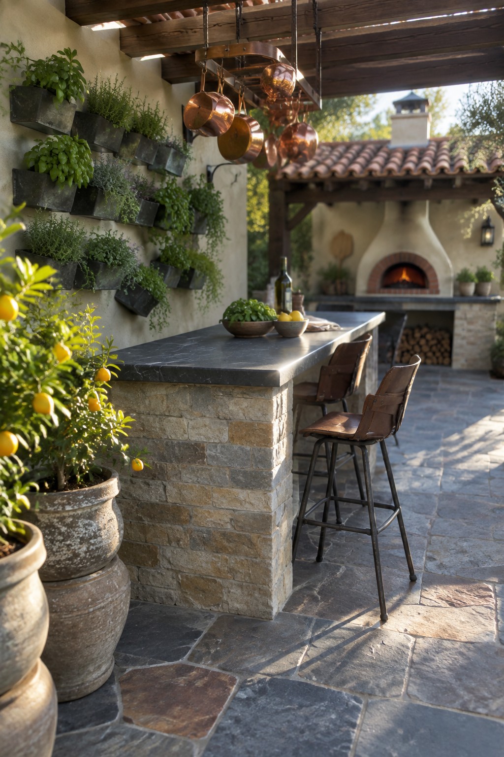 An outdoor stone bar with a dark top, two leather bar stools, wall-mounted planters filled with herbs, potted citrus trees in the foreground, and hanging copper pots above the counter, with an outdoor fireplace visible in the background.