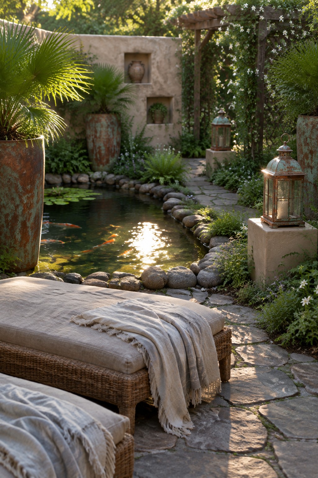A stone patio lounge area beside a koi pond, bordered by large weathered pots, ferns, and lanterns.