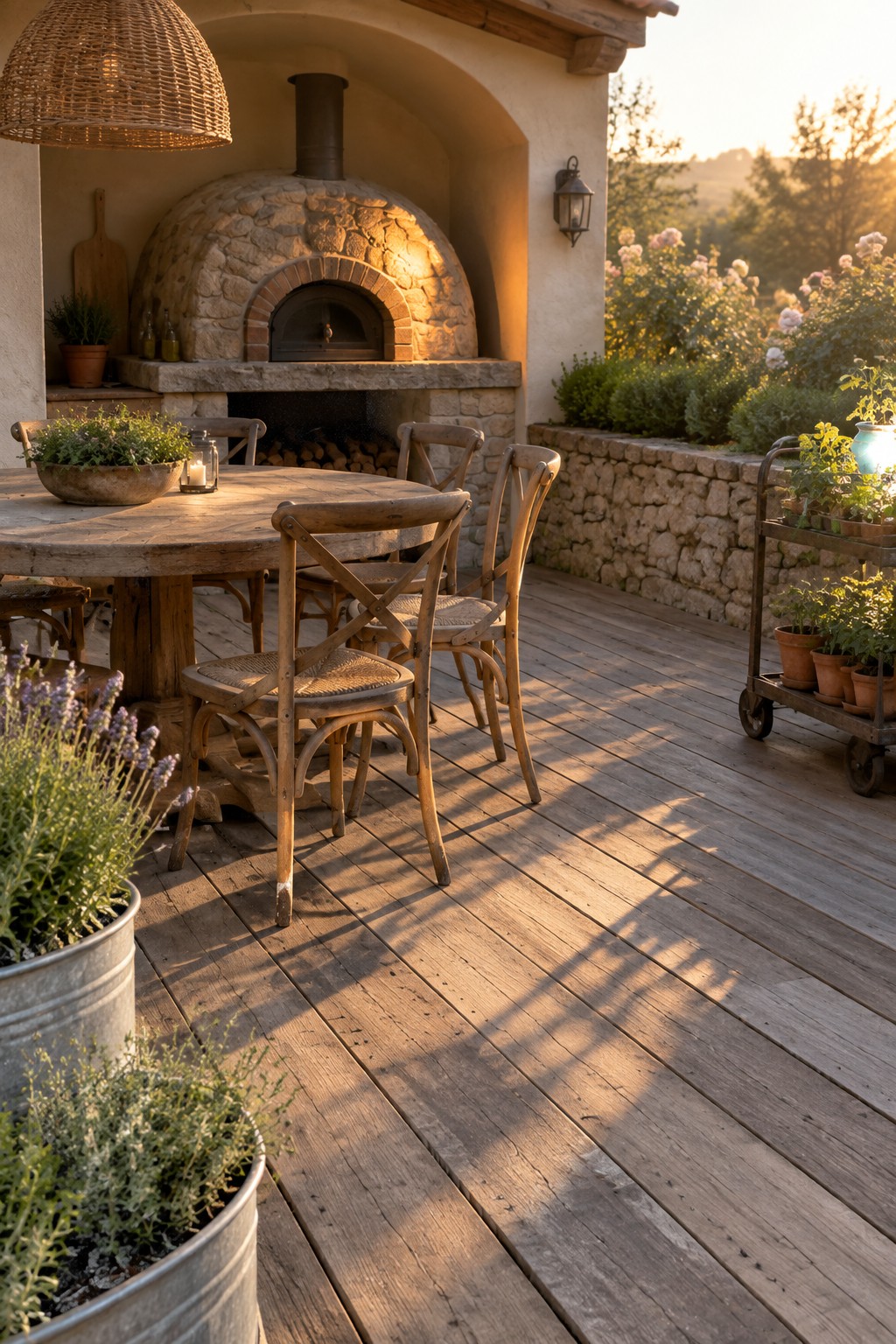 A wooden patio deck features a round dining table with chairs, a stone pizza oven in the background, and a metal rolling cart holding multiple potted plants beside a low stone wall.