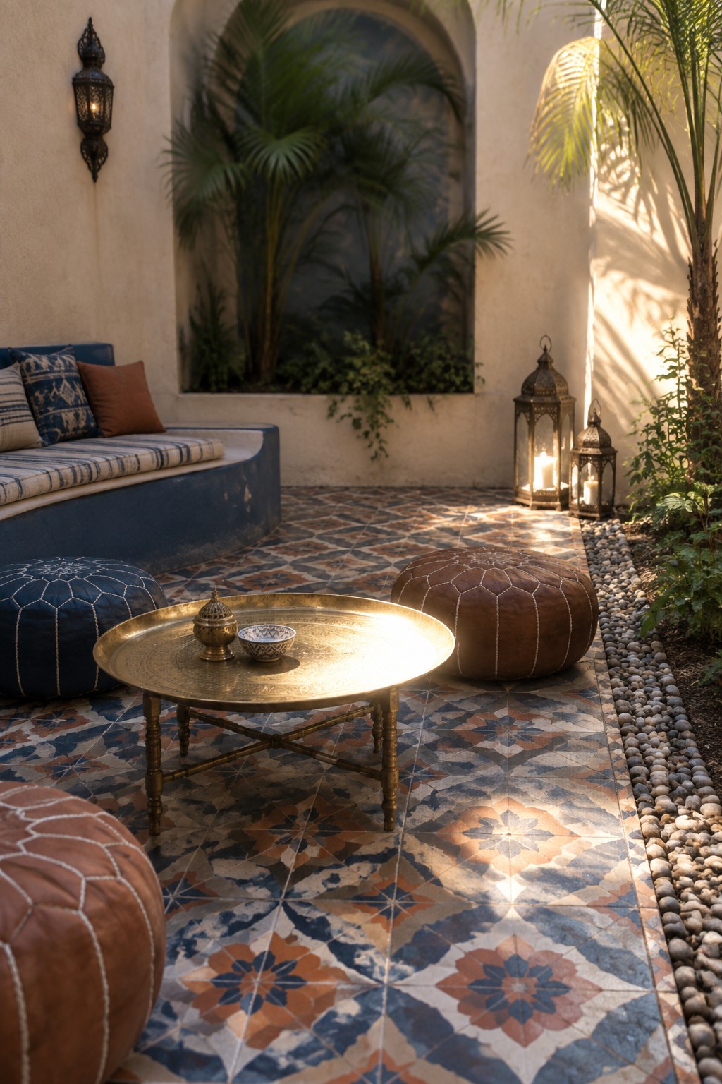 A patio with a blue built-in bench, patterned tile floor, brass table, brown leather poufs, lanterns, and an arched niche filled with palm plants.