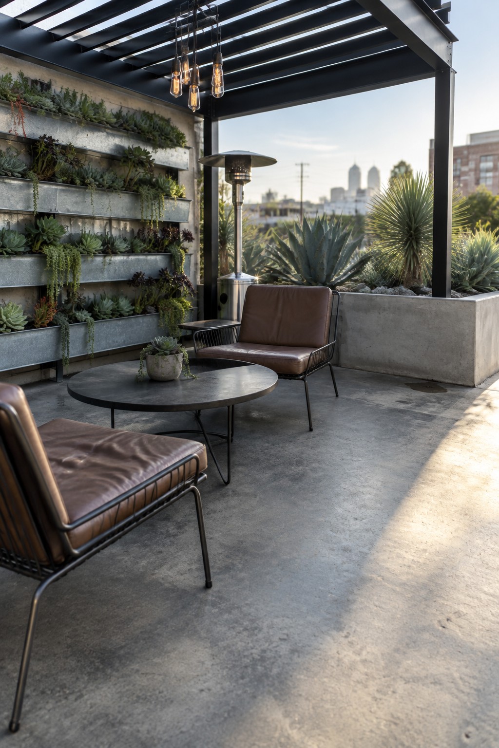 Outdoor patio with a metal vertical succulent wall, round concrete table, brown leather chairs, and a patio heater under a pergola.