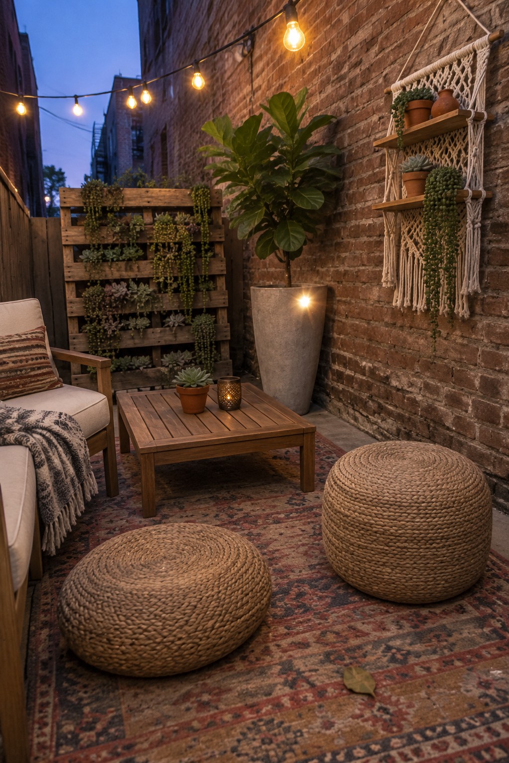 Cozy patio with woven poufs, wooden table, macrame shelves, succulents, and string lights