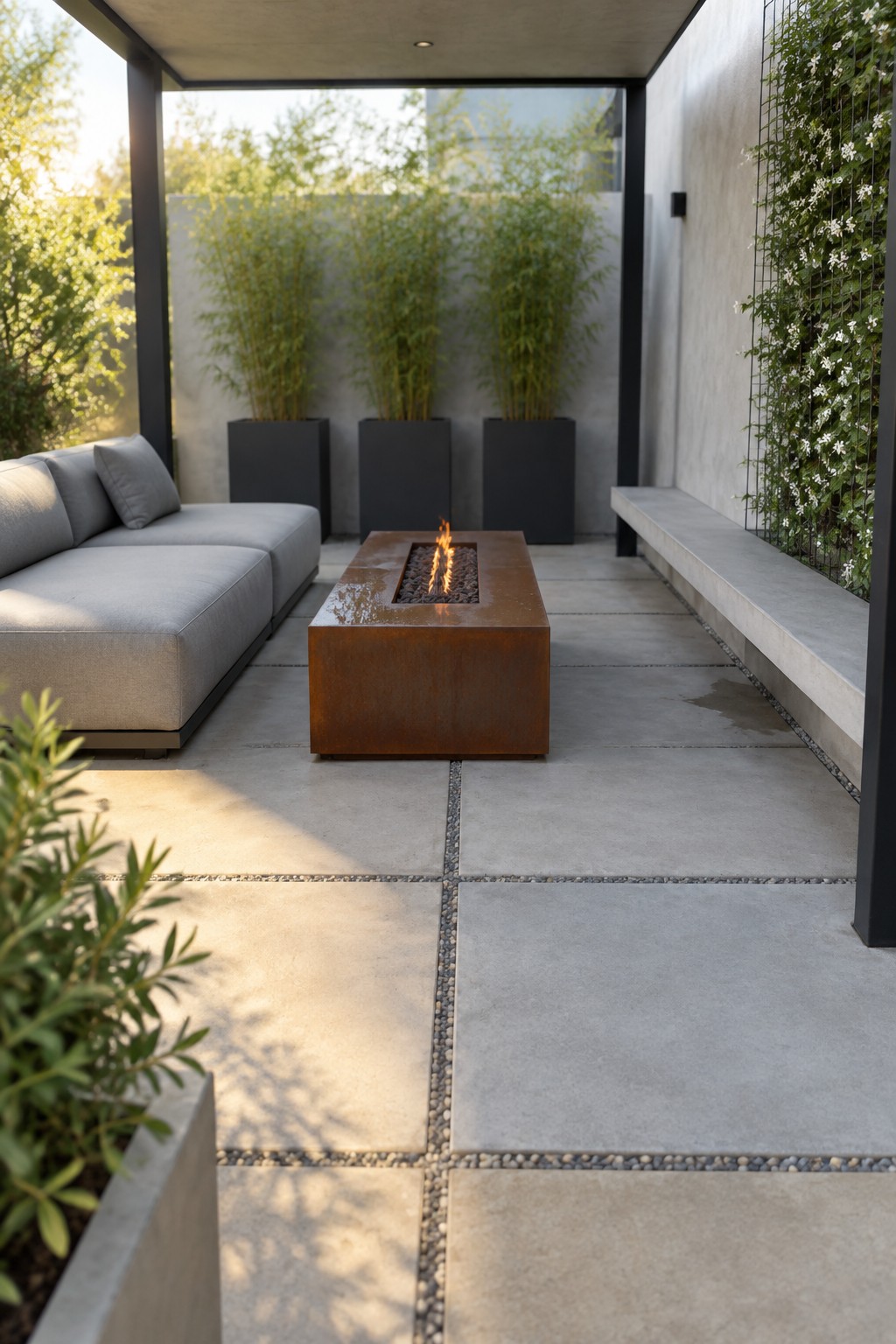 A modern covered patio with a rectangular rusted metal fire pit table at the center, a gray sectional sofa on the left, large potted bamboo plants, and concrete tile flooring.