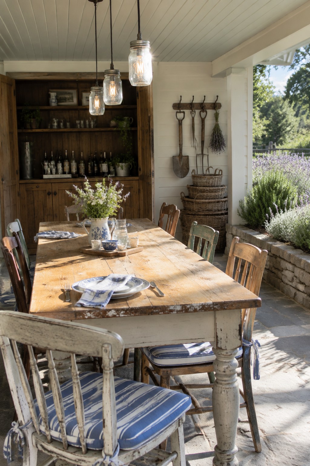 A covered patio with a long rustic wooden dining table, mismatched wooden chairs with blue striped cushions, mason jar pendant lights, and garden tools hanging on a white wall.