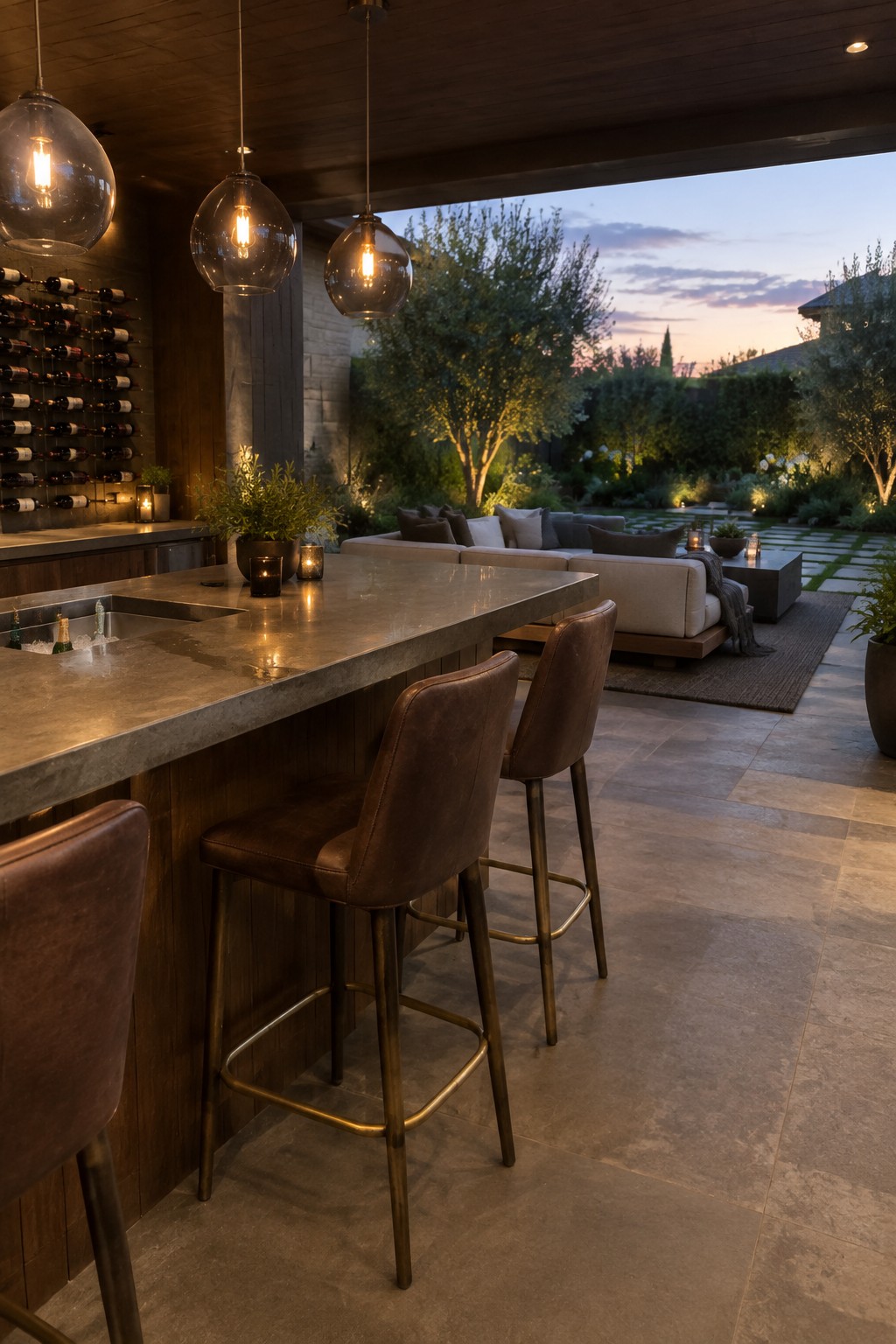A covered outdoor bar with concrete counter, brown leather stools, wine rack on the wall, and open view to a patio lounge with seating at dusk.